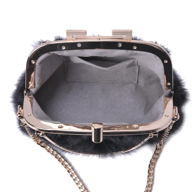 Women's Mink Fur Handbags Soft Clutch Bag Luxury Evening Bags Chain Crossbody Bags Fashion Female Elegant Clip Purse Bag 8802