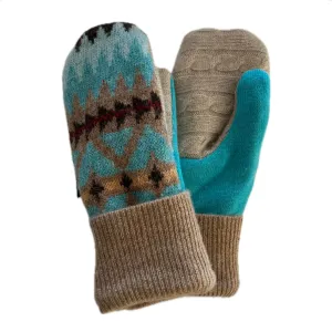 Women's Mittens - Camel & Turquoise Pattern - 1532 M/L