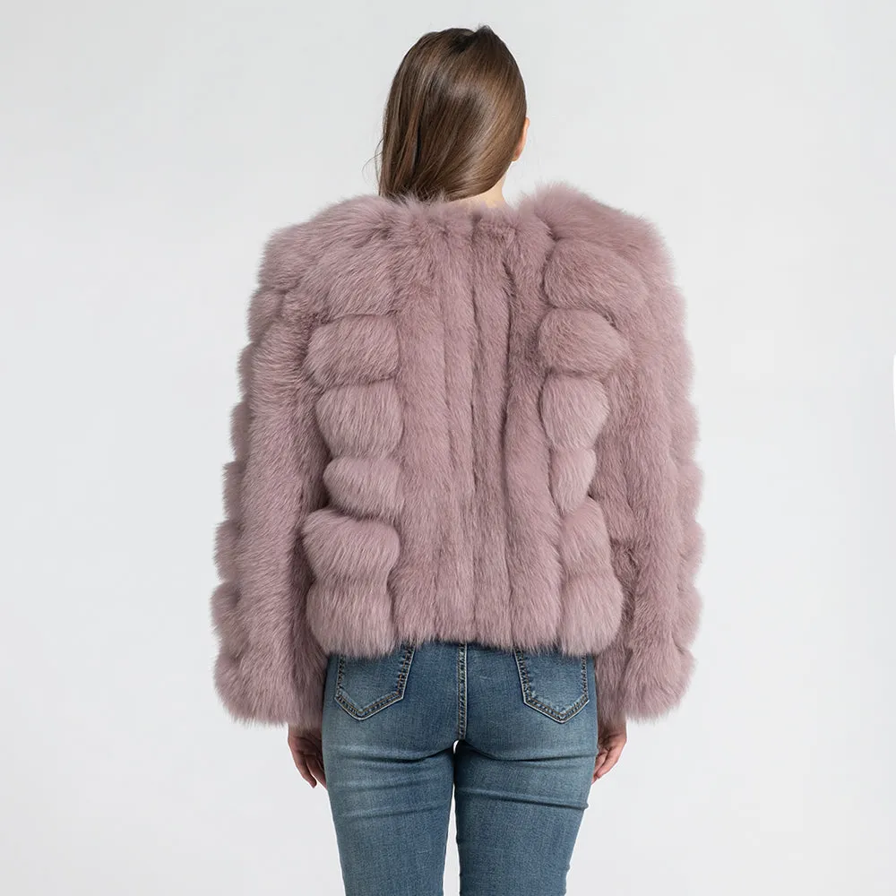 Women's Real Fox Fur Coat Dusty Pink Jacket Short Style Outwear