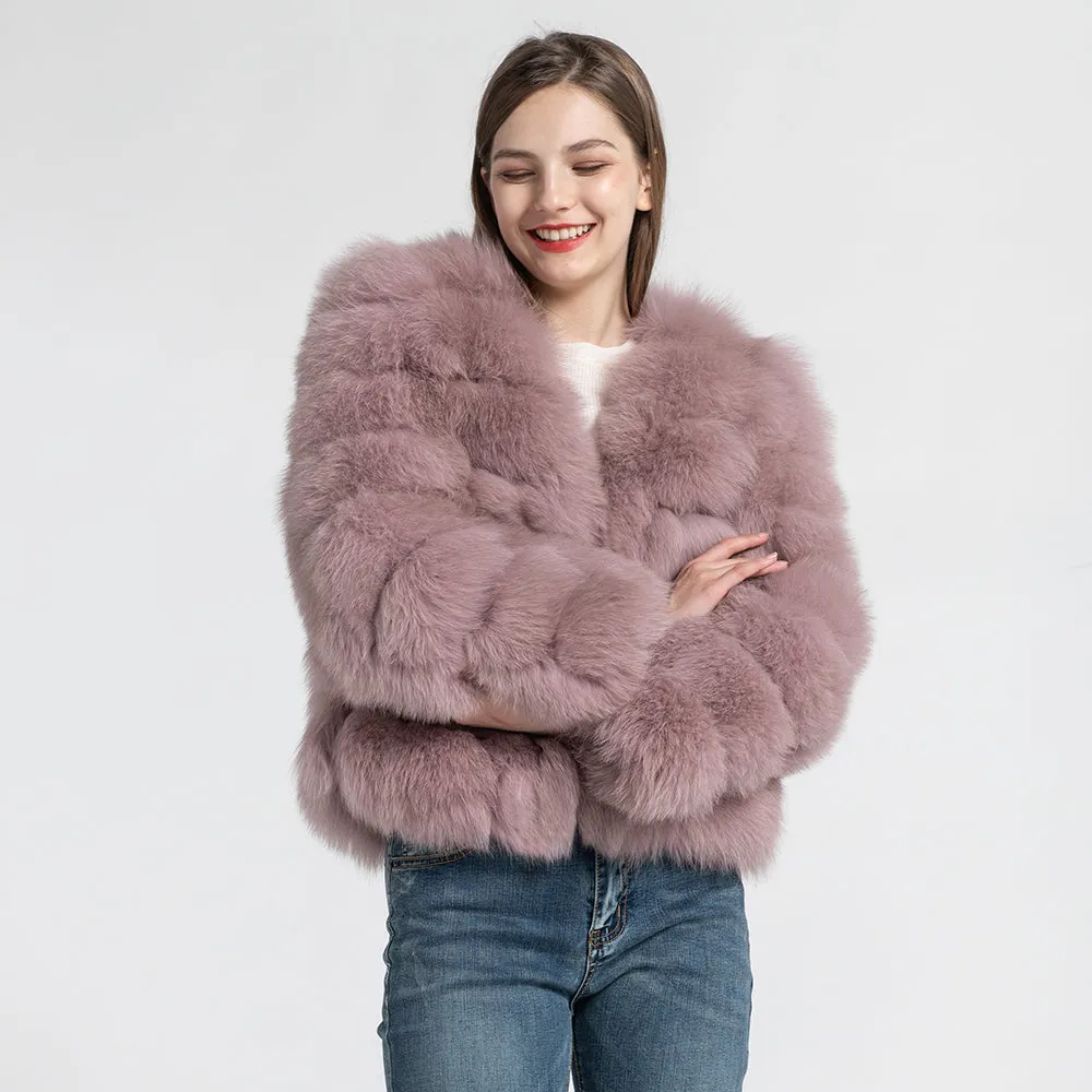 Women's Real Fox Fur Coat Dusty Pink Jacket Short Style Outwear