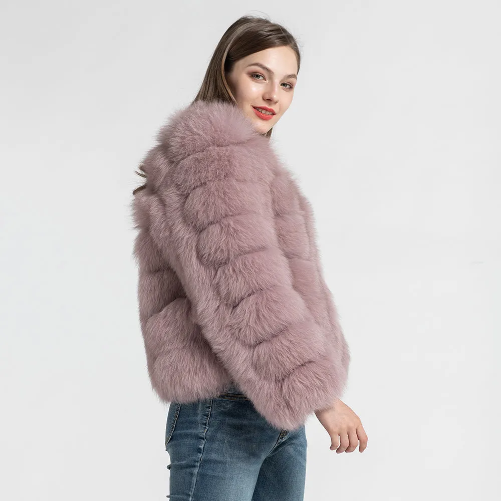 Women's Real Fox Fur Coat Dusty Pink Jacket Short Style Outwear
