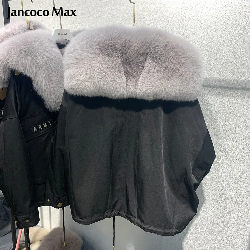 Women's Real Fox Fur Parka Coats Rex Rabbit Fur Lining Thick Warm Fur Jackets
