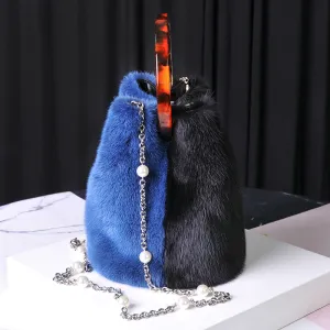 Women's Real Mink Fur Handbags 2022 New Fashion Fur Shoulder Bags Pearl Chain Bucket Bag 8842