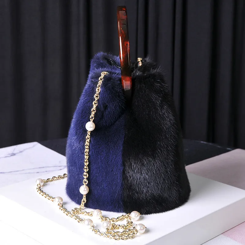 Women's Real Mink Fur Handbags 2022 New Fashion Fur Shoulder Bags Pearl Chain Bucket Bag 8842