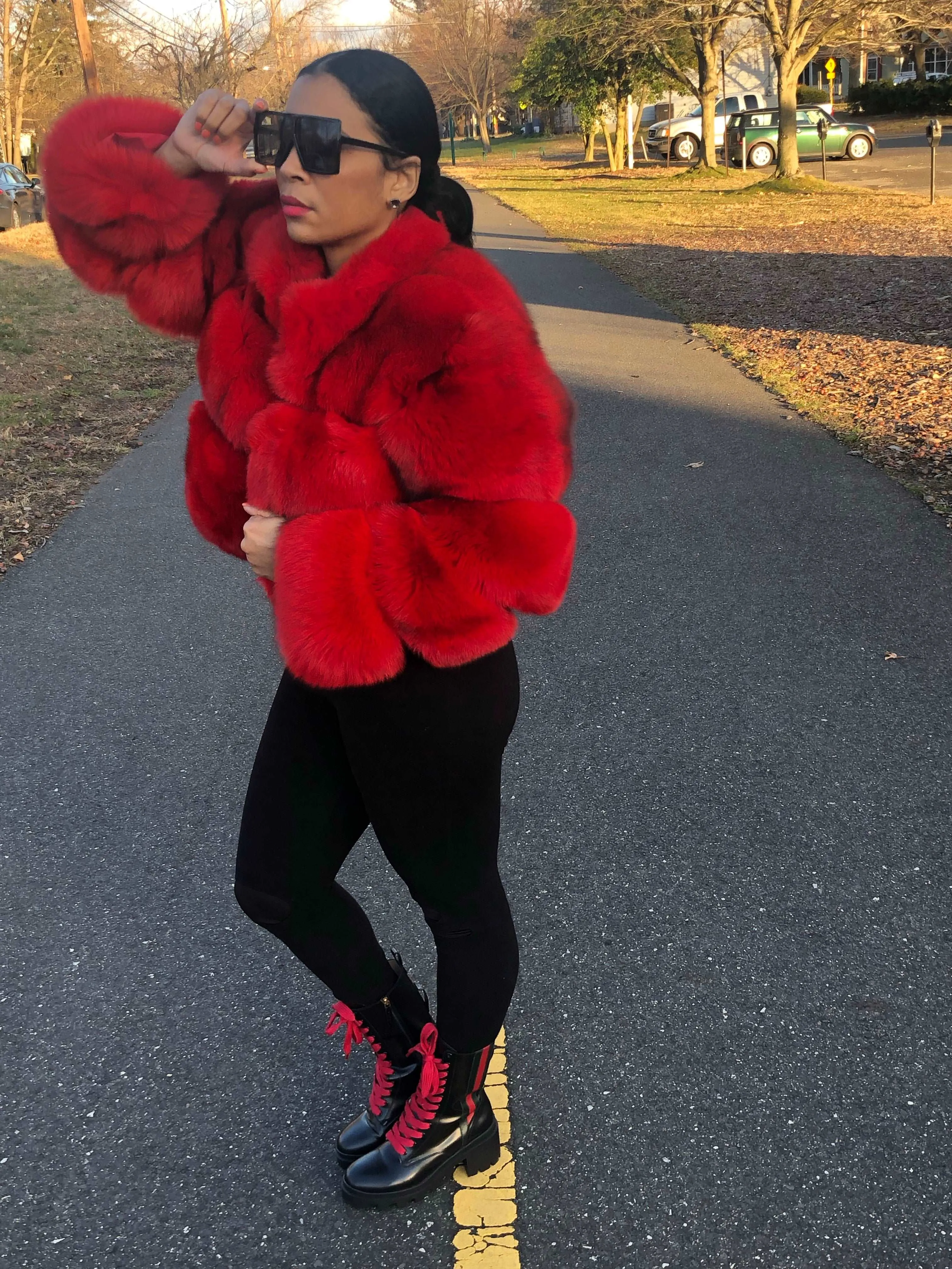 Women's Red Cropped Fox Fur Jacket
