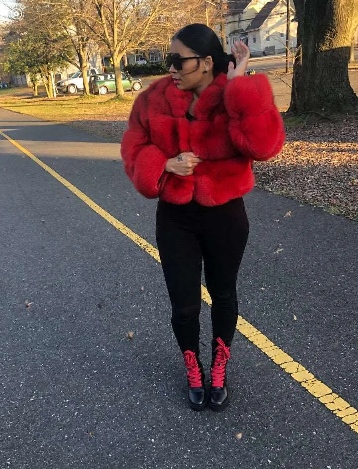 Women's Red Cropped Fox Fur Jacket