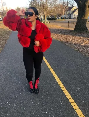Women's Red Cropped Fox Fur Jacket