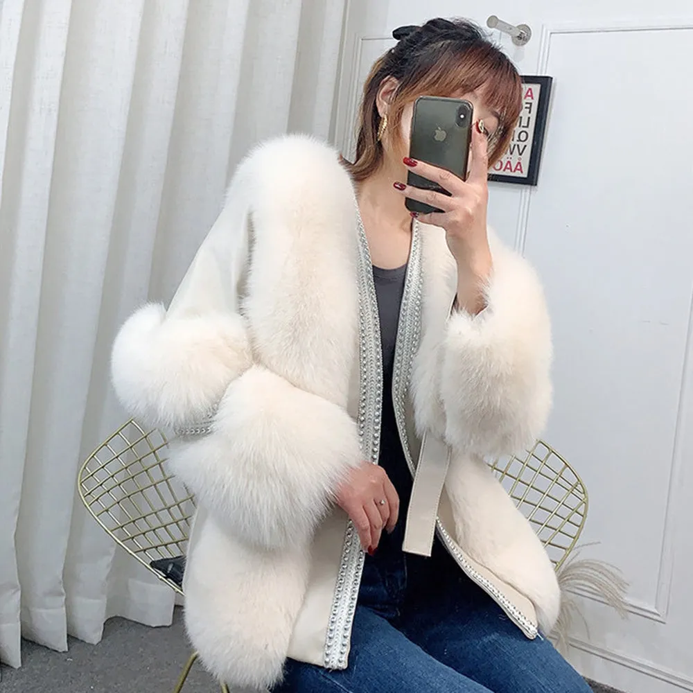 Women's Winter Genuine Sheepskin Leather Coats Warm Real Fox Fur Jackets