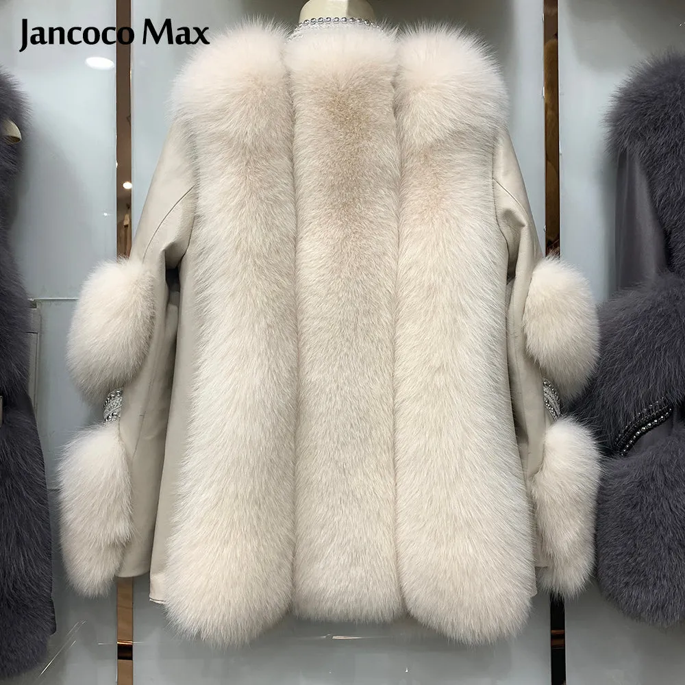 Women's Winter Genuine Sheepskin Leather Coats Warm Real Fox Fur Jackets