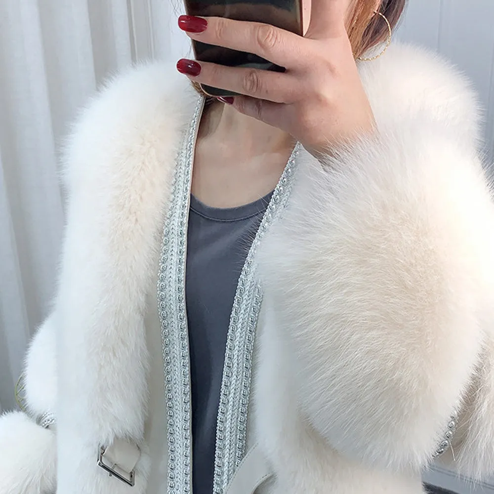 Women's Winter Genuine Sheepskin Leather Coats Warm Real Fox Fur Jackets