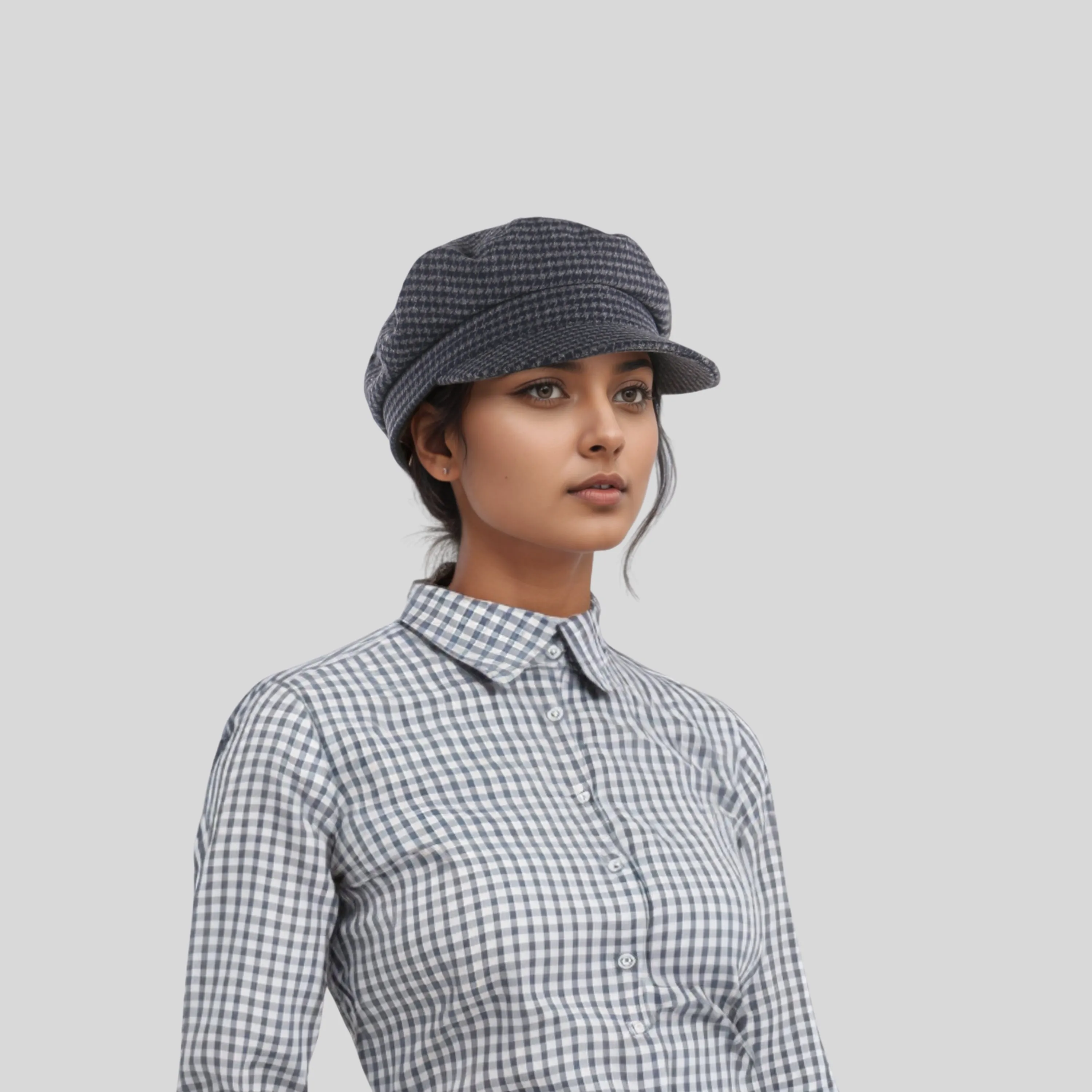Womens Wool Fiddler Cap with Houndstooth Pattern