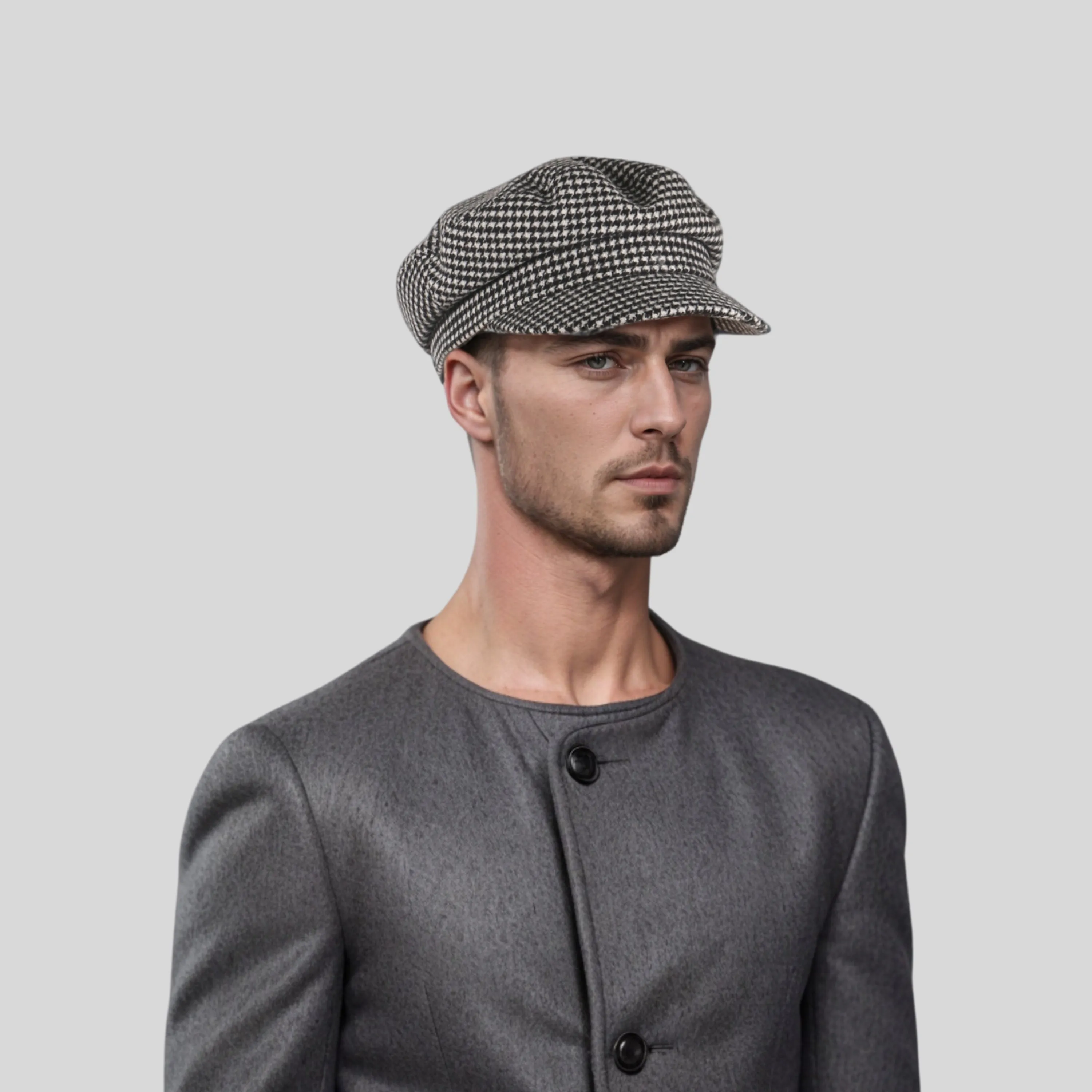 Womens Wool Fiddler Cap with Houndstooth Pattern