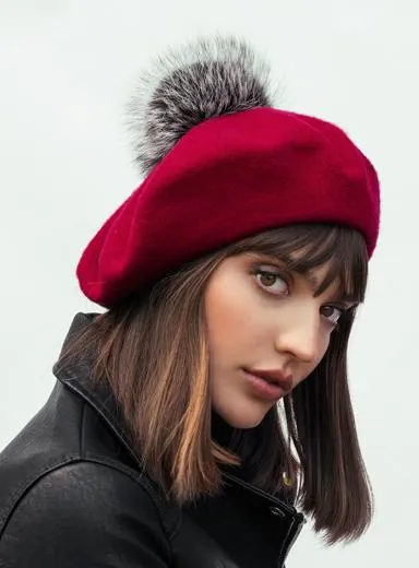 Wool Beret Fur Pom
