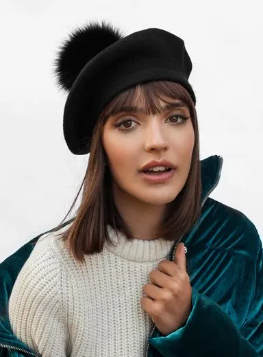 Wool Beret Fur Pom