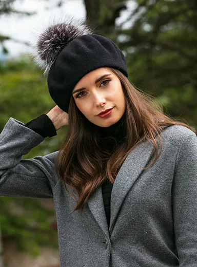 Wool Beret Fur Pom