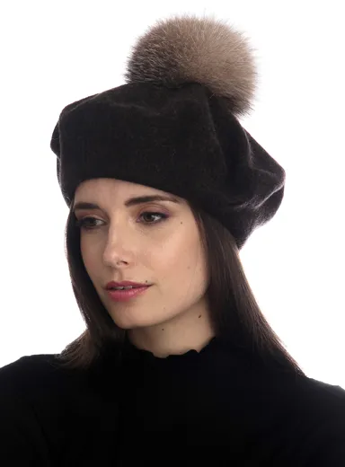 Wool Beret Fur Pom