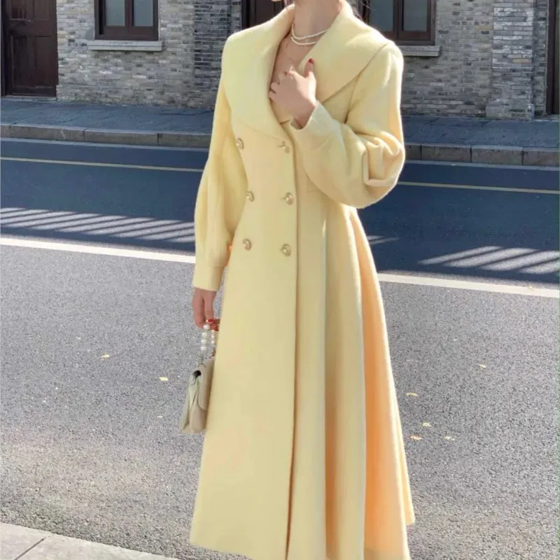 Woolen Lapel Fashion Solid Breasted Vintage Long Expansive variety Coats Chic Student discount New Winter Women&#8217;s Sleeve Double Overcoats Outerwear Lantern