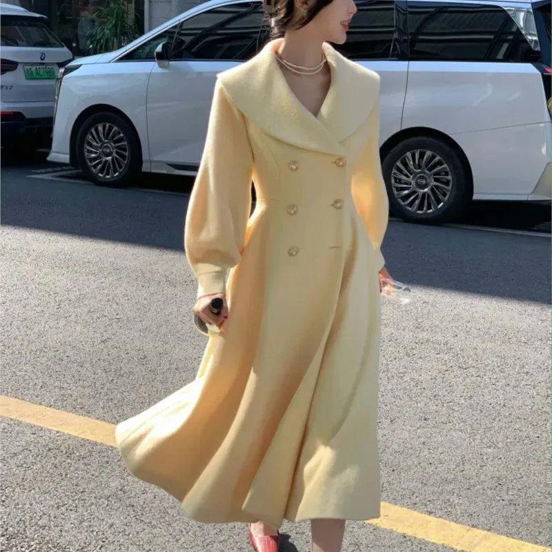 Woolen Lapel Fashion Solid Breasted Vintage Long Expansive variety Coats Chic Student discount New Winter Women&#8217;s Sleeve Double Overcoats Outerwear Lantern