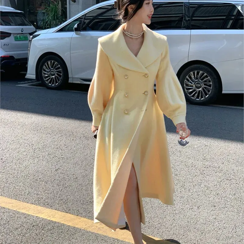 Woolen Lapel Fashion Solid Breasted Vintage Long Expansive variety Coats Chic Student discount New Winter Women&#8217;s Sleeve Double Overcoats Outerwear Lantern