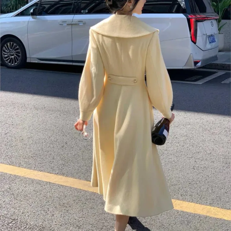 Woolen Lapel Fashion Solid Breasted Vintage Long Expansive variety Coats Chic Student discount New Winter Women&#8217;s Sleeve Double Overcoats Outerwear Lantern