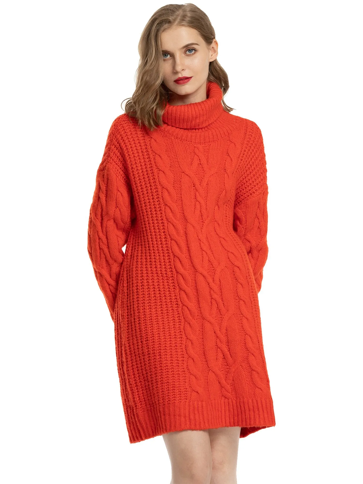 Woolicity Cable Knit Turtleneck Sweater Dress