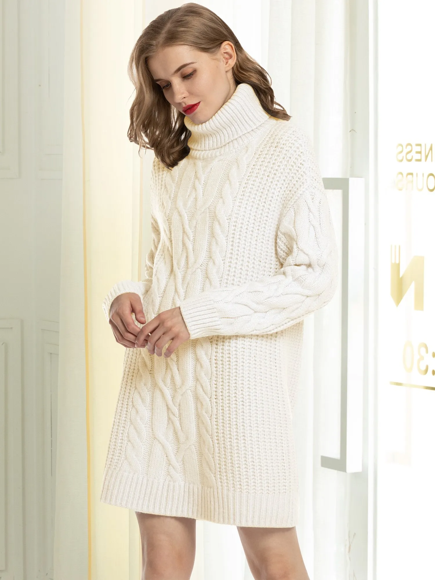 Woolicity Cable Knit Turtleneck Sweater Dress