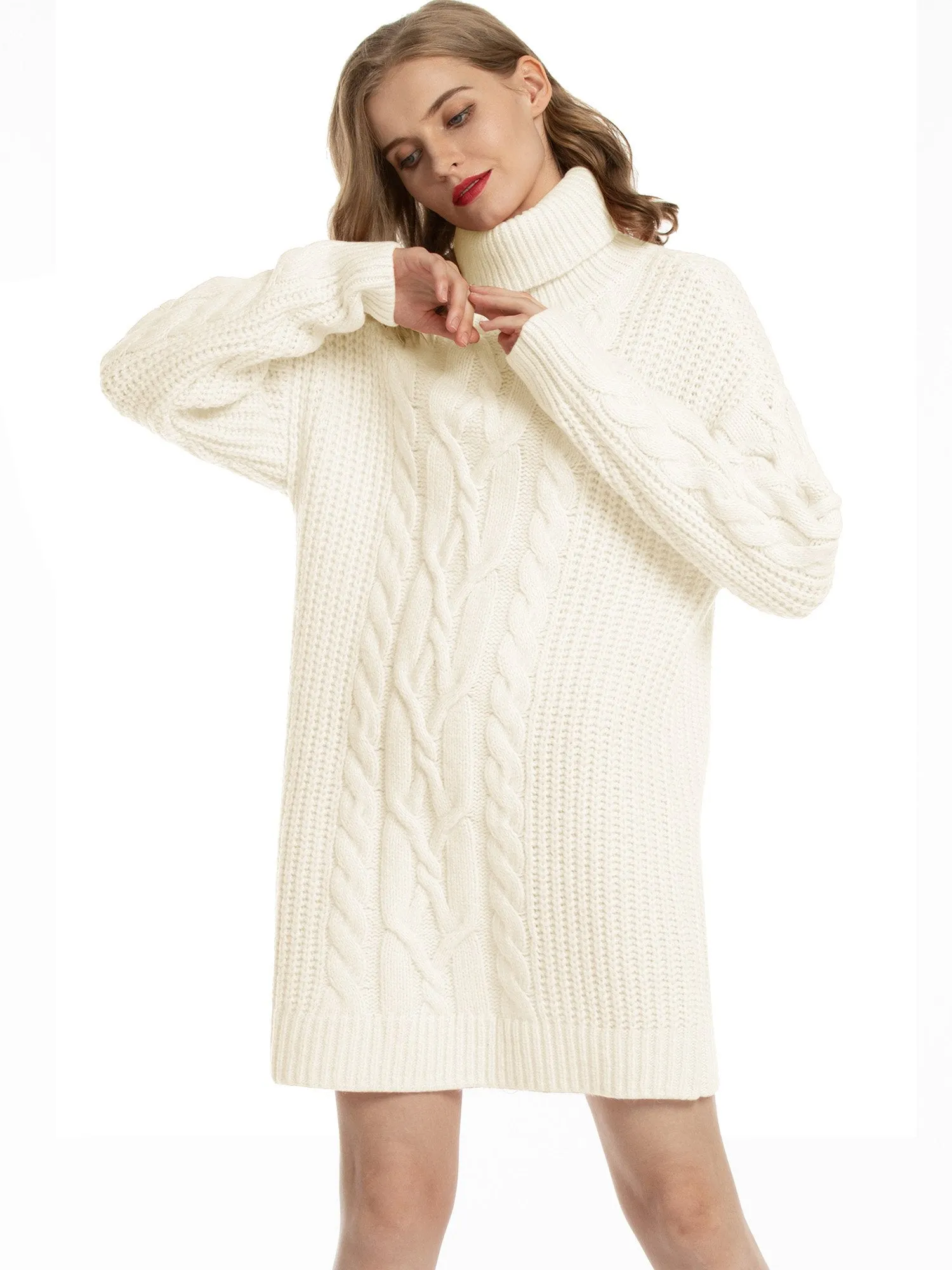 Woolicity Cable Knit Turtleneck Sweater Dress