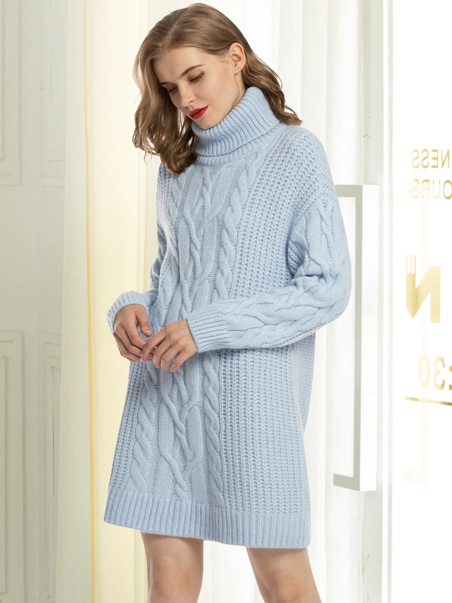 Woolicity Cable Knit Turtleneck Sweater Dress