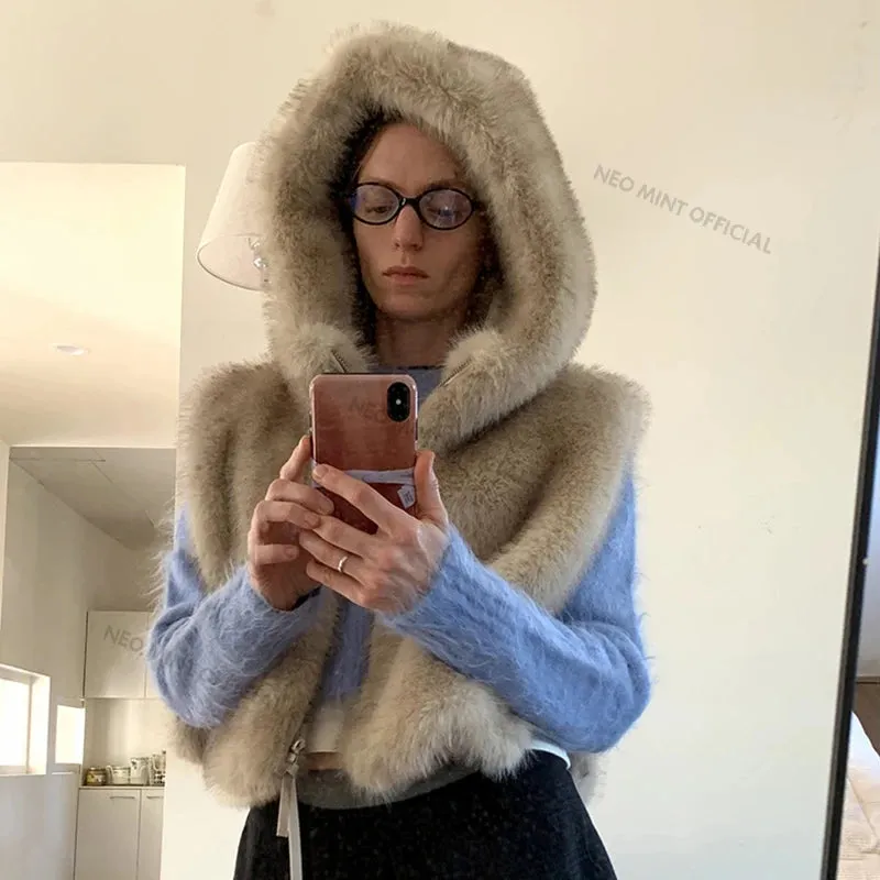 Y3k Fox Winter Delivery guarantee Vest Women Gilet Coat Exclusive Fur Hooded Faux Fur Gradient Top Femme Safe Girls Waistcoat Autumn Sleeveless