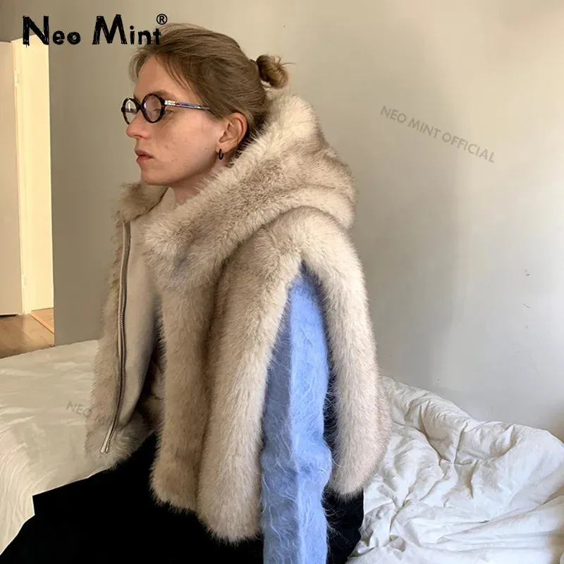Y3k Fox Winter Delivery guarantee Vest Women Gilet Coat Exclusive Fur Hooded Faux Fur Gradient Top Femme Safe Girls Waistcoat Autumn Sleeveless