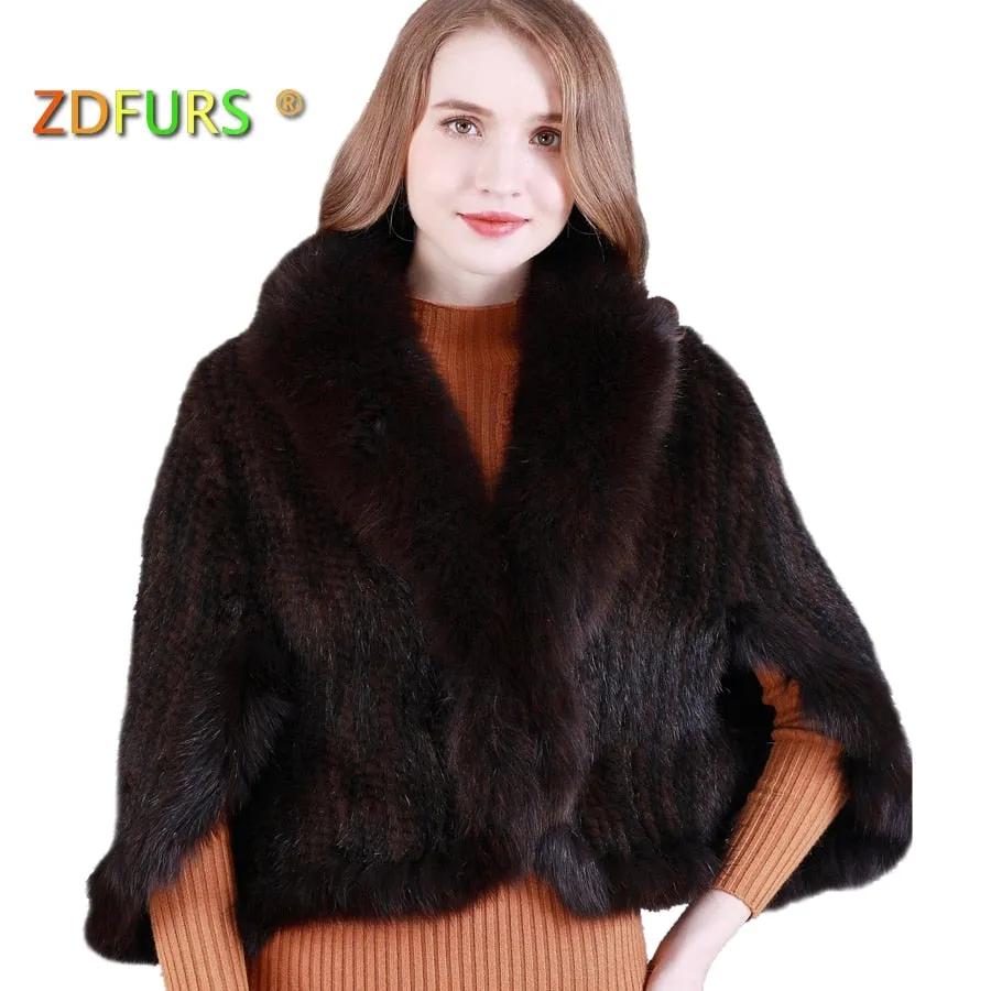 ZDFURS *New Genuine Knit Mink Fur Shawl Poncho With Fox Trimming Real mink fur jacket Fashion Women ZDKM-166001