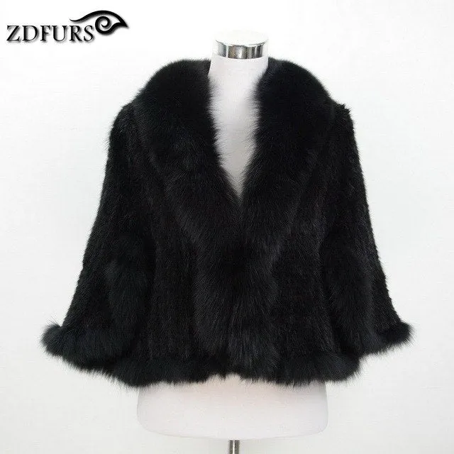 ZDFURS *New Genuine Knit Mink Fur Shawl Poncho With Fox Trimming Real mink fur jacket Fashion Women ZDKM-166001