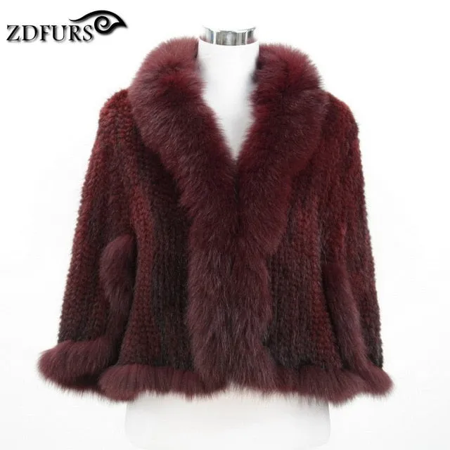 ZDFURS *New Genuine Knit Mink Fur Shawl Poncho With Fox Trimming Real mink fur jacket Fashion Women ZDKM-166001