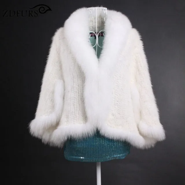 ZDFURS *New Genuine Knit Mink Fur Shawl Poncho With Fox Trimming Real mink fur jacket Fashion Women ZDKM-166001